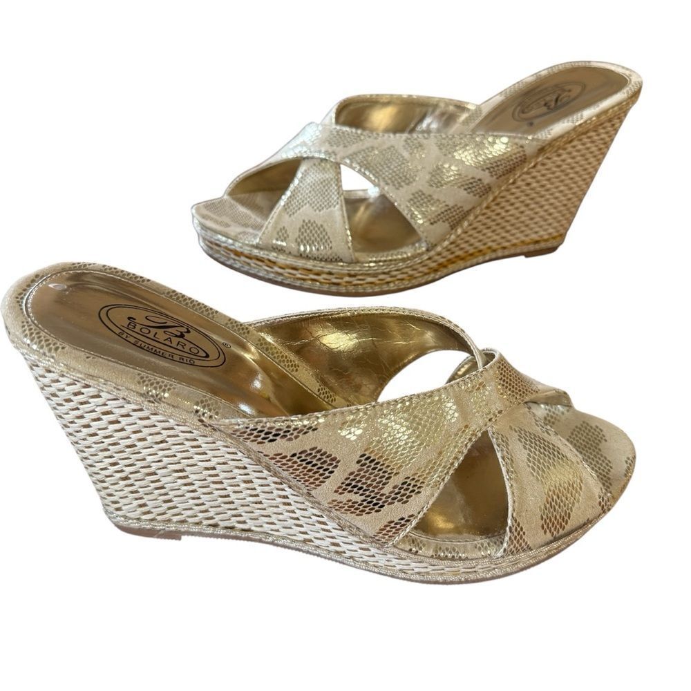 Bolaro By Summer Rio Animal Print Metallic Wedge Sandals Gold and Cream Size 10